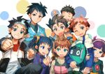  3girls 5boys =_= bad_id bad_twitter_id bag black_hair blue_eyes braid brown_eyes brown_hair carrying clenched_hand clenched_hands crossed_arms daimonyama_tsuranuki geetgeet group_picture hayasugi_haruka hayasugi_hayato headphones holding holding_bag jacket kiyosu_ryuuji kiyosu_tatsumi looking_at_another looking_at_viewer multiple_boys multiple_girls one_eye_closed open_clothes open_jacket open_mouth own_hands_together piggyback polka_dot polka_dot_background purple_hair shashot shinkalion_(series) shinkansen_henkei_robo_shinkalion shirt smile teeth twin_braids twintails upper_teeth_only waving_arm 