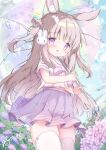  1girl animal_ears blush bow brown_hair collared_shirt dog_ears flower hair_ornament highres holding holding_umbrella long_hair open_mouth original outdoors pleated_skirt purple_bow purple_eyes purple_skirt ribbon school_uniform shirt short_sleeves skirt smile solo thighhighs umbrella water water_drop white_shirt white_thighhighs yuru_(xxyuruxx) 