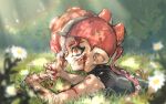  1boy androgynous blood blood_on_face eyebrow_cut flower high-visibility_clothing high-visibility_vest highres injury long_hair mohawk nature octoling octoling_boy octoling_player_character on_grass red_eyes red_hair sleeveless snail solo splatoon_(series) splatoon_2 splatoon_2:_octo_expansion squidbeak_splatoon suction_cups tentacle_hair uuurung 
