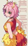  ashido_mina ass black_sclera boku_no_hero_academia character_name cheerleader choker fang hands_on_hips katou_itsuwa looking_back pink_hair pink_skin pom_poms red_skirt short_hair skirt smile solo tank_top yellow_eyes 