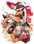  3boys :d bandaged_arm bandages boruto:_naruto_next_generations character_name closed_mouth dated fishnets forehead_protector full_body grin highres jacket konohagakure_symbol long_sleeves multiple_boys naruto_(classic) naruto_(series) naruto_shippuuden ninja orange_jacket orange_pants pants sandals short_hair smile spiked_hair teeth uzumaki_naruto zifletts 