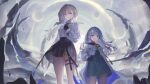  2girls angel_wings arcaea bandage_on_face bandages bandaid bandaid_on_face black_boots black_dress black_gloves black_pantyhose black_skirt blue_eyes blue_hair boots bow breasts compassion_(arcaea) detached_wings dress earrings full_body game_cg gloves grey_hair hair_between_eyes height_difference highres insight_(arcaea) insight_(designant)_(arcaea) jewelry long_sleeves medium_breasts multicolored_hair multiple_girls non-web_source pantyhose purple_eyes shirt short_hair skirt smile socks streaked_hair thigh_strap white_hair white_shirt white_socks white_wings wings yellow_bow 