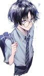  1boy 5656hayururi absurdres alternate_costume bag bespectacled black-framed_eyewear black_hair blue_bag blunt_bangs bright_pupils collared_shirt contemporary eyelashes eyeliner eyeshadow from_above furrowed_brow genshin_impact glasses grey_hair grey_shirt grey_sleeves hand_up highres holding holding_bag looking_at_viewer makeup male_focus messy_hair multicolored_hair necktie pants parted_bangs parted_lips plaid_clothes plaid_pants purple_eyes red_eyeliner red_eyeshadow round_eyewear scaramouche_(genshin_impact) school_bag school_uniform shirt short_sleeves shoulder_bag solo squiggle streaked_hair striped_necktie sweat tsurime watermark white_background white_mouth white_pupils 