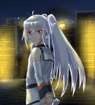  ahoge arms_behind_back building detached_sleeves dress from_behind isla_(plastic_memories) lamppost long_hair night plastic_memories red_eyes short_dress solo somechime_(sometime1209) twintails white_dress white_hair 
