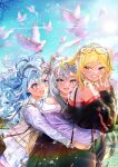  3girls absurdres bird blonde_hair blue_eyes blue_hair eyewear_on_head fang fingernails grey_hair head_ornament highres holoh3roes hololive hololive_indonesia kaela_kovalskia kobo_kanaeru light_blush lips liquid_hair long_hair medium_hair multicolored_eyes multicolored_hair multiple_girls red_eyes smile twitter_username v vestia_zeta virtual_youtuber water_drop zoru_pines 