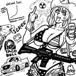  1girl absurdres american_flag american_flag_bikini american_flag_print ar-15 arby&#039;s bald_eagle bb_(baalbuddy) bikini bird breasts can cleavage cowboy_hat credit_card eagle english_text explosion flag_print flag_print_bikini ford ford_f-150 greyscale gun hat highres holding holding_can large_breasts middle_finger monochrome motor_vehicle nuclear_explosion original ozempic patriotism print_bikini radiation_symbol rifle solo swimsuit taco_bell truck united_states weapon zyn_(nicotine) 