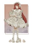  1girl alternate_costume bouquet bow closed_mouth dress flower full_body gauze gauze_over_eye gem grey_eyes hairband highres lily_(flower) limbus_company lolita_fashion lolita_hairband long_hair long_sleeves looking_at_viewer maid_headdress mary_janes pearl_(gemstone) project_moon rabbit red_brooch red_hair salgaoli83428 shoes sidelocks simple_background socks solo standing white_background white_bow white_dress white_shoes white_socks yuri_(project_moon) 