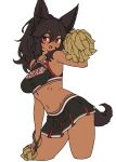  1girl animal_ear_fluff animal_ears armpits black_hair black_shirt black_skirt breasts cerberus_(houtengeki) cheerleader collarbone contrapposto cowboy_shot crop_top dark-skinned_female dark_skin dog_ears dog_girl dog_tail fang furrowed_brow hair_between_eyes hair_tie hand_on_own_thigh hand_up highres holding holding_pom_poms houtengeki long_hair looking_to_the_side medium_breasts midriff miniskirt multicolored_shirt multicolored_skirt navel open_mouth original pleated_skirt pom_pom_(cheerleading) ponytail red_eyes red_shirt red_skirt shirt sidelocks sideways_glance simple_background skin_fang skirt sleeveless sleeveless_shirt smile solo standing tail white_background yellow_pom_poms 