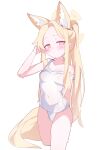  1girl animal_ear_fluff animal_ears blonde_hair blue_archive blush breasts covered_navel cross_halo ear_wreath extra_ears forehead fox_ears fox_girl fox_tail gradient_eyes hair_ornament halo hand_up highres long_hair minarin_(393939min) multicolored_eyes old_school_swimsuit one-piece_swimsuit parted_bangs school_swimsuit see-through_clothes seia_(blue_archive) simple_background small_breasts solo standing swimsuit tail very_long_hair white_background yellow_eyes yellow_halo 