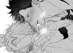  2boys after_kiss arm_up bare_pectorals blush collared_shirt commentary_request ear_blush facial_hair glasses greyscale haikyuu!! hand_on_another&#039;s_wrist kuroo_tetsurou looking_at_another lying lying_on_person male_focus monochrome multiple_boys necktie nipples on_back open_clothes open_mouth open_shirt parted_hair pectorals profile saliva saliva_trail shirt short_hair sideburns_stubble simple_background striped_necktie stubble sweat teeth tsukishima_kei upper_body watch white_background wristwatch yaoi ynk_vv 