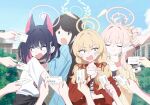  4girls 6+others after-school_sweets_club_(blue_archive) ahoge airi_(band)_(blue_archive) airi_(blue_archive) anger_vein angry animal_ears animal_print black_choker black_hair black_jacket blonde_hair blue_archive blue_halo blue_jacket brown_hair card cat_ears cat_girl cat_print choker closed_mouth clothes_around_waist colored_inner_animal_ears colored_inner_hair earrings extra_ears game_cg green_eyes hair_bun hair_ribbon halo hand_on_own_chin highres holding holding_card jacket jacket_around_waist jewelry kazusa_(band)_(blue_archive) kazusa_(blue_archive) low_twintails multicolored_hair multiple_girls multiple_others natsu_(band)_(blue_archive) natsu_(blue_archive) nervous_sweating non-web_source official_alternate_costume official_alternate_hairstyle official_art open_mouth pink_eyes pink_hair pink_halo red_jacket red_ribbon ribbon shirt short_sleeves single_side_bun smile stud_earrings sweat t-shirt twintails two-tone_hair upper_body white_shirt yellow_eyes yellow_halo yellow_jacket yoshimi_(band)_(blue_archive) yoshimi_(blue_archive) 