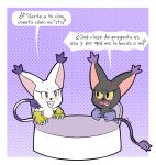 anthro bandai_namco bianc_(el_senor_erizo) black_body black_fur blackgatomon blush blush_lines claws clothing dialogue digimon digimon_(species) dirty_talk duo eyelashes felid feline female feral fur gatomon gloves handwear hi_res mammal mr_harinezumi nera_(el_senor_erizo) open_mouth simple_background sitting smile spanish_text tail text white_body white_fur