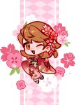  1girl blush brown_eyes brown_hair cherry_blossoms earrings flipped_hair floral_print floral_print_kimono flower full_body gradient_clothes gradient_kimono hair_flower hair_ornament hashtag-only_commentary highres japanese_clothes jewelry kimono long_sleeves looking_at_viewer obi official_alternate_costume one_eye_closed open_mouth persona persona_3 persona_3_reload pink_flower pink_kimono print_kimono red_kimono rrrrrrrrrrrou1 sash short_hair solo stud_earrings takeba_yukari two-tone_kimono wide_sleeves 