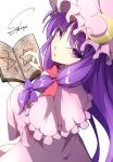  1girl :o blunt_bangs book bow capelet crescent crescent_hat_ornament dress frilled_capelet frills hat hat_ornament highres hitomimi_33 holding holding_book long_hair long_sleeves looking_at_viewer mob_cap open_book open_mouth patchouli_knowledge pink_capelet pink_dress pink_hat purple_bow purple_eyes purple_hair red_bow sidelocks signature simple_background solo touhou upper_body white_background wide_sleeves 