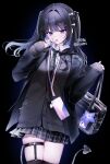  1girl absurdres artist_name bag black_background black_cardigan black_hair black_jacket black_necktie black_skirt black_thighhighs blue_hair bow candy cardigan collar collared_shirt colored_inner_hair commentary commission demon_tail ear_piercing floating_hair food hair_bow hair_intakes hair_ornament hairpin hands_up heart heart_hair_ornament highres holding holding_bag holding_candy holding_food holding_lollipop jacket kumo_tabetai light_blush lollipop looking_at_viewer multicolored_hair multiple_hairpins nail_polish necktie open_clothes open_collar open_jacket open_mouth original phone piercing pleated_skirt purple_eyes purple_nails shirt simple_background skeb_commission skirt sleeves_past_wrists solo star_(symbol) tail teeth thigh_strap thighhighs thighs two_side_up variant_set white_collar white_shirt x_hair_ornament zettai_ryouiki 