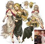  2girls :d bare_shoulders black_dress black_shoes blush braid breasts chibi choker cleavage closed_eyes collarbone detached_sleeves dress dungeon_meshi earrings elf falin_touden feather_choker feather_dress figure full_body gem green_eyes grey_hair hair_between_eyes high_heels highres jewelry long_hair looking_at_another low_twin_braids marcille_donato medium_breasts mon_g_11 multiple_girls open_mouth parted_bangs pointy_ears puffy_sleeves red_choker red_shoes shoes sidelocks sleeveless sleeveless_dress smile standing twin_braids white_dress 