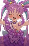  1girl ahoge blue_hair bow bow_choker breasts choker collarbone commentary cure_kyunkyun dress earrings hair_bow headset highres idol_heart_brooch jewelry kimi_to_idol_precure long_hair looking_at_viewer magical_girl mo_(boo1719501boo) multicolored_hair multiple_earrings narrowed_eyes open_mouth orange_eyes outstretched_arms plaid_bow precure purple_bow purple_choker purple_dress purple_hair reaching reaching_towards_viewer saliva saliva_trail shigure_kokoro single_bare_shoulder small_breasts solo strapless strapless_dress streaked_hair teeth tongue tongue_out translation_request twintails two-tone_hair upper_teeth_only variant_set very_long_hair 