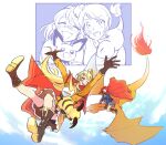  2girls :d ^_^ age_progression bandaid bandaid_on_face bandaid_on_nose belt belt_boots blonde_hair blue_jacket blush_stickers boots brown_belt brown_boots brown_gloves brown_skirt cape charizard charmander closed_eyes commentary_request crossover dee0333 facing_another falling fingerless_gloves fire floating_hair flying frilled_skirt frills gauze gauze_on_cheek gloves hair_ornament high_ponytail holding holding_pokemon hug inset jacket kano_misora knee_up korean_commentary lapels layered_skirt leg_up long_hair long_sleeves looking_at_viewer looking_back medium_hair midair miniskirt multiple_girls no_eyes notched_lapels on_shoulder one_eye_closed ootsuki_aruru open_clothes open_jacket open_mouth orange_jacket outstretched_arms outstretched_hand partially_colored pichu pokemon pokemon_(creature) pokemon_on_shoulder ponytail purple_skirt raichu red_cape shirt short_sleeves shoujo_kageki_revue_starlight shoujo_kageki_revue_starlight_-re_live- side-by-side side_ponytail skirt sky smile star_(symbol) star_hair_ornament teeth thigh_belt thigh_strap upper_teeth_only white_shirt yellow_eyes 