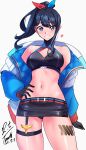  1girl absurdres artist_name bare_shoulders black_gloves black_hair black_panties black_shirt black_skirt blue_eyes blue_jacket blush breasts cleavage commentary_request crop_top dated gloves gridman_universe hand_on_own_hip heart highres jacket large_breasts leg_tattoo long_hair long_sleeves looking_at_viewer microskirt navel official_alternate_costume official_alternate_hairstyle open_clothes open_jacket panties ponytail puffy_long_sleeves puffy_sleeves shirt signature simple_background skindentation skirt smile solo ssss.gridman stomach takarada_rikka tattoo thigh_strap thighs underwear white_background yoo_tenchi 