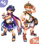  2boys bad_id bad_twitter_id bag blue_hair brown_eyes brown_hair clenched_hands demon_boy demon_horns demon_tail demon_wings fingerless_gloves full_body geetgeet gloves goggles goggles_on_head hand_on_own_hip holding holding_goggles horns looking_at_viewer male_focus multiple_boys pants pointy_ears pop-up_story purple_eyes scarf selim_spark shirt shoes shoulder_bag simple_background sleeveless smile tail teeth wings wristband ziz_glover 