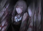  1girl absurdres aegyo_sal black_dress black_hair black_ribbon blood blood_in_hair blood_on_clothes blood_on_curtains chainsaw_man collared_shirt commentary_request cross_scar curtains dress highres light_smile lips long_sleeves looking_at_viewer mano_aaa medium_hair mitaka_asa neck_ribbon orange_eyes parted_lips pinafore_dress ribbon scar scar_on_cheek scar_on_face scar_on_nose shirt sleeveless sleeveless_dress solo upper_body white_shirt 