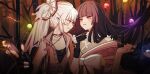  2girls absurdres alternate_costume bamboo between_fingers black_gloves black_undershirt bow brown_hair choker clenched_teeth commentary ear_piercing english_commentary eye_contact fingerless_gloves fire fujiwara_no_mokou gloves grey_hair hair_bow highres holding holding_smoking_pipe houraisan_kaguya japanese_clothes kimono kiseru long_hair looking_at_another multiple_girls off_shoulder official_art ofuda ofuda_between_fingers piercing pink_kimono ponytail red_eyes sleeveless smoking_pipe suspenders takki_(takkiko) teeth touhou touhou_hero_of_ice_fairy very_long_hair 
