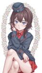  1girl brown_hair crossed_legs emblem girls_und_panzer hat insignia kuromorimine_(emblem) kuromorimine_military_uniform legs looking_at_viewer military military_hat military_uniform nishizumi_maho pele_maniax school_uniform sitting solo 