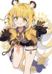  1girl animal_ear_fluff animal_ears black_gloves black_shorts blonde_hair blue_shoes blunt_bangs blush chyanu claw_pose fingerless_gloves gloves green_eyes grey_shirt grin highres jacket ju_fufu long_hair looking_at_viewer shirt shoes short_shorts shorts smile solo tail thigh_strap tiger_ears tiger_girl tiger_tail yellow_jacket zenless_zone_zero 