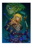 1boy 1girl archaic_set_(zelda) blue_eyes body_markings bow_(weapon) braid crown_braid green_tunic highres link looking_at_viewer ludolullabi master_sword pointy_ears princess_zelda ross_the_redx serious simple_background standing the_legend_of_zelda the_legend_of_zelda:_tears_of_the_kingdom toned toned_male tunic weapon 