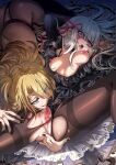  2girls absurdres after_cunnilingus anal_fingering black_bodysuit black_dress black_nails black_pantyhose blonde_hair blue_eyes blush bodysuit breasts censored censored_anus chinese_commentary commentary_request degrees_of_lewdity dress fingering hair_ribbon highres licking_lips long_hair medium_breasts mosaic_censoring multiple_girls nga_(ray_ray) nipples open_mouth pantyhose pink_eyes pink_ribbon player_character_(degrees_of_lewdity) player_character_(female)_(degrees_of_lewdity) pussy pussy_juice pussy_juice_trail ribbon smile spread_legs tongue tongue_out torn_clothes torn_pantyhose white_hair whitney_(degrees_of_lewdity) whitney_(female)_(degrees_of_lewdity) yuri 