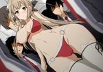  amagi_brilliant_park bikini blush breasts brown_hair cameltoe embarrassed gangbang group_sex hair_ribbon highres hips large_breasts legs long_hair navel necktie nipples one_breast_out ribbon school_uniform sento_isuzu standing swimsuit thighs white_legwear yellow_eyes 