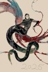  1boy 2025 baldur&#039;s_gate baldur&#039;s_gate_3 black_hair cazador_szarr chinese_zodiac dungeons_&amp;_dragons earrings full_body highres huachandawang jewelry lamia_boy male_focus medium_hair monster_boy pointy_ears shawl solo year_of_the_snake 