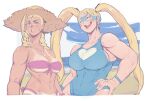  2girls 7_passes bikini blonde_hair blue_one-piece_swimsuit braid breasts cammy_white cleavage eye_mask front-tie_bikini_top front-tie_top happy hat heart heart_print large_breasts low_twin_braids mask michel_teru multiple_girls muscular muscular_female official_alternate_costume one-piece_swimsuit open_mouth pink_bikini rainbow_mika scar scar_on_face strapless strapless_bikini straw_hat street_fighter street_fighter_6 street_fighter_v swimsuit tan tanlines twin_braids twintails 