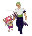  2boys antlers bag bandana_around_arm black_pants blue_nose blush commentary_request cross earrings full_body green_hair haramaki highres holding_hands horns jewelry ka_ji male_focus multiple_boys one_piece open_mouth pants reindeer_antlers roronoa_zoro shirt short_hair shorts shoulder_bag simple_background sword t-shirt tony_tony_chopper twitter_username weapon white_background white_shirt 