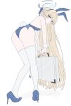  1girl animal_ears ass blonde_hair blue_archive blue_eyes blue_hairband blue_halo blue_leotard breasts briefcase detached_collar fake_animal_ears fake_tail hairband hakuaiiii halo high_heels highleg highleg_leotard highres holding leotard long_hair looking_at_viewer official_alternate_costume playboy_bunny rabbit_ears rabbit_tail simple_background solo strapless strapless_leotard tail thighhighs toki_(blue_archive) toki_(bunny)_(blue_archive) white_background white_thighhighs white_wrist_cuffs wrist_cuffs 