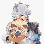  1boy antenna_hair armor black_shirt blue_cape cape chimera_(honkai:_star_rail) closed_eyes coat commentary_request creature gomenne_oyu highres holding holding_creature honkai:_star_rail honkai_(series) hug male_focus parted_bangs pauldrons phainon_(honkai:_star_rail) shirt short_hair shoulder_armor simple_background single_pauldron solo white_background white_coat white_hair 