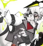  1boy animal_ears animal_penis ascot black_gloves blush claws colored_tips cropped english_commentary ethereal_(zenless_zone_zero) eyepatch fingerless_gloves furry furry_male gloves grey_vest highres male_focus multicolored_hair paid_reward_available penis penis_peek red_ascot shirt shoko_contane sweat vest von_lycaon white_background white_shirt wolf_boy wolf_ears zenless_zone_zero 