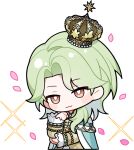  1girl :3 androgynous artist_request bead_bracelet beads blue_cape blush_stickers bracelet bright_pupils brown_eyes cape chibi clenched_hand closed_mouth collared_shirt cropped_legs crown frilled_shirt frilled_sleeves frills fur-trimmed_cape fur_trim gold_crown green_hair hair_over_shoulder half-closed_eyes hand_on_own_chin hand_on_own_elbow happy high_collar infinity_nikki jewelry long_hair long_sleeves looking_at_viewer mini_crown multiple_bracelets nikki_(series) official_art parted_bangs petals rose_petals shirt sleeves_past_wrists smile solo sparkle transparent_background tsurime twilight_oath_(infinity_nikki) white_pupils yellow_shirt 
