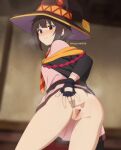  1girl absurdres anus ass bar_censor black_cloak black_gloves blush bottomless breasts brown_hair censored cloak closed_mouth diagonal-striped_clothes diagonal-striped_necktie embarrassed fingerless_gloves from_behind gloves hat highres kagironsfw kono_subarashii_sekai_ni_shukufuku_wo! looking_at_viewer looking_back megumin necktie orange_necktie pink_shirt pink_skirt pussy red_eyes red_prison_magic_school_uniform school_uniform shirt short_hair short_hair_with_long_locks skirt small_breasts solo spread_pussy striped_clothes twitter_username two-tone_necktie witch_hat 