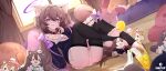  1girl absurdres animal_ear_fluff arm_support barefoot bed bedroom black_collar black_thighhighs blush bow breasts brown_hair cat_hair_ornament character_doll collar commentary_request crotch_seam curtains doll double-parted_bangs dutch_angle feet finger_to_mouth food food_on_toes fruit full_body grin hair_between_eyes hair_ornament hair_spread_out hand_up highres indoors knees_up legs lemon lemon_juice lemon_slice letter_hair_ornament long_bangs long_hair looking_at_viewer microskirt off-shoulder_sweater off_shoulder on_floor original panties pantyhose pink_panties pink_skirt pleated_skirt polka_dot polka_dot_panties purple_bow purple_eyes purple_ribbon purple_sweater reclining ribbon shirt sidelocks siroka skirt sleeves_past_wrists small_breasts smile soles solo striped_clothes striped_shirt stuffed_animal stuffed_toy sweater thighhighs toeless_legwear toes two_side_up underwear unworn_pantyhose variant_set vertical-striped_clothes vertical-striped_shirt very_long_hair white_shirt window 