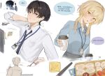  1boy 1girl ^^^ alternate_costume alternate_universe arm_behind_head bento bespectacled black_cat black_hair black_necktie blonde_hair blue_shirt breast_pocket brown-framed_eyewear cat choppy_bangs chopsticks collarbone collared_shirt contemporary cup disposable_coffee_cup disposable_cup dumpling eyelashes food formal_clothes genshin_impact glasses grey_jacket grey_skirt hair_between_eyes hair_intakes highres holding holding_cup holding_removed_eyewear id_photo jacket koyaaya lanyard long_sleeves looking_at_viewer lower_teeth_only lumine_(genshin_impact) necktie onigiri open_mouth pencil_skirt pocket police purple_eyes reading rimless_eyewear salaryman sauce sausage scaramouche_(cat)_(genshin_impact) scaramouche_(genshin_impact) semi-rimless_eyewear shirt short_hair short_hair_with_long_locks sidelocks sitting skirt sweatdrop teeth three-quarter_sleeves tongue twitter_username typing unworn_eyewear unworn_jacket white_background white_shirt white_sleeves 