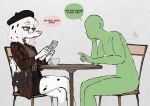 absurd_res anon anthro belt black_belt black_body black_bottomwear black_clothing black_fur black_hair black_hat black_headwear black_skirt black_spots bottomwear breasts brown_clothing brown_jacket brown_topwear canid canine canis cel_shading chair clothed clothing container crossed_legs cup dalmatian dialogue domestic_dog duo electronics english_text eyebrow_through_hair eyebrows eyelashes eyewear faceless female fully_clothed fur furniture glasses grey_background grey_clothing grey_hoodie grey_topwear hair hat headgear headwear hi_res holding_object holding_phone hoodie human jacket male mammal markings miniskirt multicolored_body multicolored_fur multicolored_hair nude on_chair open_clothing open_jacket open_mouth open_topwear pattern_clothing pattern_jacket pattern_topwear pencil_skirt phone plate pupils purse rafaondanet rectangular_glasses shaded side_view signature simple_background simple_shading sitting sitting_on_chair skirt snout speech_bubble spots spotted_body spotted_fur table talking_to_another text text_on_belt topwear translucent translucent_hair two_tone_body two_tone_fur two_tone_hair wearing_glasses white_body white_fur white_hair white_nose yellow_eyes