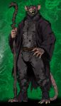 anthro belt boots claws clothing dark_jacket dark_pants eye_scar facial_scar feet footwear fur green_background grey_body grey_fur gunshot_wound hi_res hyena_beans male mammal pink_ears pink_nose pink_tail red_eyes rodent scar sccritz_darkchest shoes simple_background skaven solo spread_toes staff tail teeth toes warhammer_(franchise) warpstone yellow_claws yellow_teeth