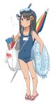  1girl bag beach_umbrella black_hair blue_eyes blue_one-piece_swimsuit commentary_request competition_school_swimsuit diving_mask diving_mask_on_head flat_chest flower full_body goggles goggles_on_head hair_flower hair_ornament highres innertube long_hair name_tag one-piece_swimsuit original retsumaru sandals school_swimsuit simple_background snorkel solo sunflower sunflower_hair_ornament swim_ring swimsuit umbrella white_background 