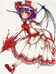  absurdres bat_wings dress flower frills highres marker_(medium) purple_hair red_eyes remilia_scarlet ribbon rose sash shoes smile solo spear_the_gungnir tangerine_(coffeehater) touhou traditional_media white_background wings 