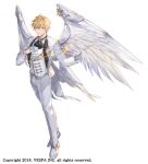  1boy angel_wings arch_(king&#039;s_raid) ascot black_ascot blonde_hair blue_eyes commentary feathered_wings full_body gloves gold_trim groom half_gloves hand_on_own_chest highres hwansang_jungdog jacket king&#039;s_raid light_frown official_alternate_costume official_art pants pointy_ears shirt shoes short_hair simple_background solo sparkle suit tailcoat vest wedding_suit white_background white_gloves white_jacket white_pants white_shirt white_shoes white_suit white_vest white_wings wings 