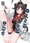  1girl ahoge barefoot black_tail blue_archive blush brown_hair closed_mouth collared_shirt content_rating cover cover_page doujin_cover hair_intakes halo horns kasumi_(blue_archive) lab_coat long_hair looking_at_viewer paid_reward_available red_halo red_shirt shirt short_shorts shorts simple_background sitting smile solo tail tatara_maguro white_background yellow_eyes 