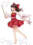  armpits ascot barefoot bow brown_hair detached_sleeves frilled_skirt frills full_body fuwatoro_(enemy-of-society) gohei hair_bow hair_tubes hakurei_reimu head_tilt light_smile long_hair looking_at_viewer ofuda outstretched_arm red_eyes ripples simple_background skirt skirt_set solo standing standing_on_one_leg tiptoes touhou undershirt white_background wind 