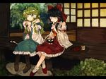  ascot black_hair boots border bow closed_eyes cup detached_sleeves food frog_hair_ornament full_body green_eyes green_hair hair_bow hair_ornament hair_ribbon hair_tubes hakurei_reimu japanese_clothes kochiya_sanae letterboxed long_hair long_sleeves looking_at_another melocoton miko multiple_girls ribbon shirt shoes side_handle_teapot sitting skirt skirt_set snake_hair_ornament socks spoon teacup teapot touhou tray white_legwear wide_sleeves yunomi 