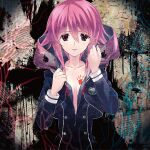  1girl black_coat black_dress black_jacket bow breasts buttons chaos;child cleavage coat collarbone cover cropped_jacket double-breasted dress hair_between_eyes hekiho_academy hekiho_academy_school_uniform highres jacket lips long_sleeves looking_at_viewer naked_coat official_art onoe_serika open_mouth parted_lips partially_unzipped pink_eyes pink_hair pink_lips purple_eyes ribbon sasaki_mutsumi school_uniform short_hair short_hair_with_long_locks sidelocks small_breasts solo standing unzipped unzipping upper_body 